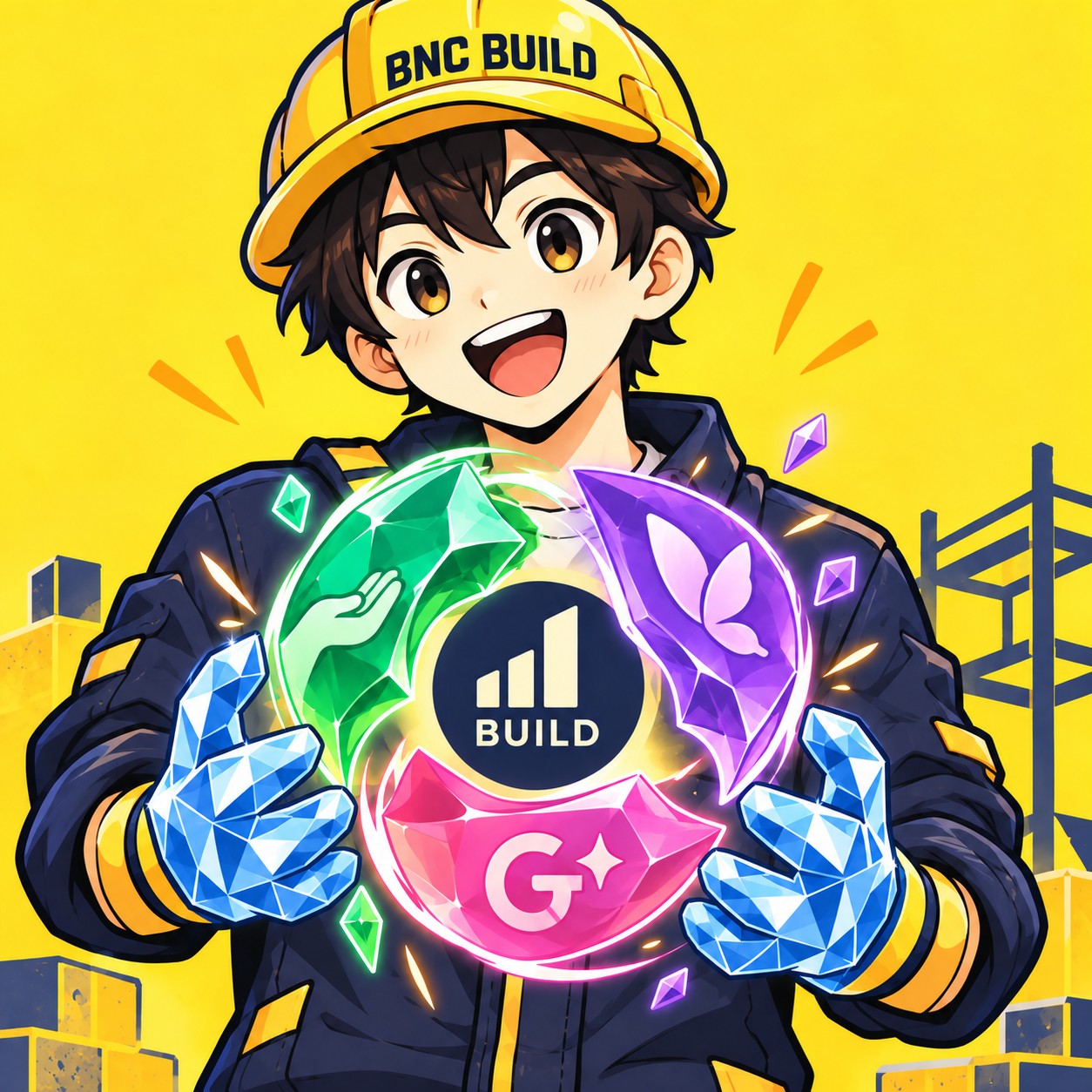 BUILD mascot holding the green, purple and pink platform symbols